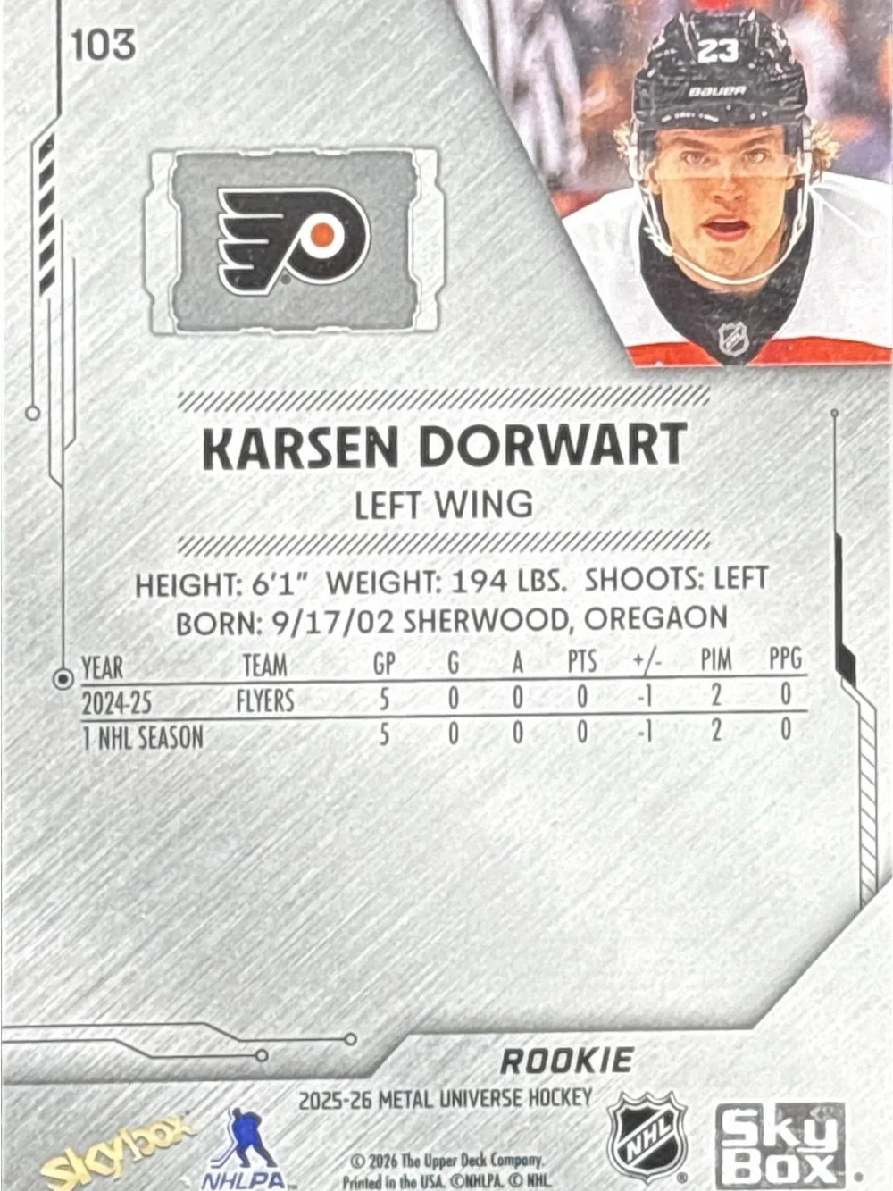 Upper Deck Karsen Dorwart Hockey Rookie Card